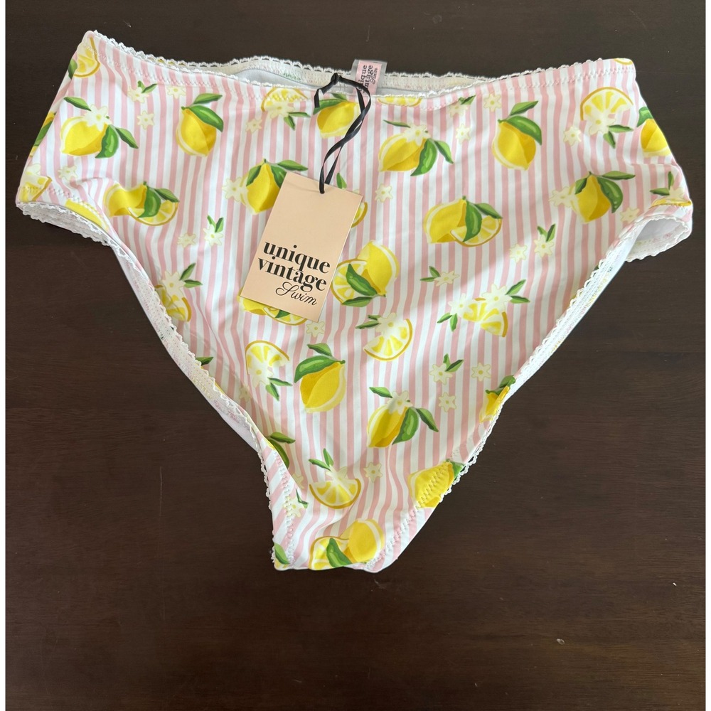 Unique Vintage Bikinis Bottom Women's XL Swim High Waist Lemon‎ Print Stripe NWT